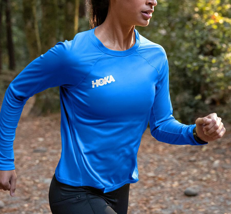 Hoka One One Top Damske Modre - Performance Dlho Sleeve - 07169-VUHN